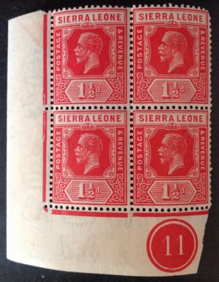 Sierra Leone 1921 1 1/2d Scarlet Block Of 4 Stamps With Margins