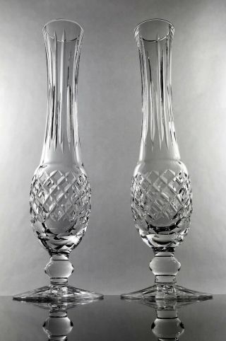 Waterford Lismore Bud Vases Diamond Pad Footed 9 1/4” Crystal Ireland Pair