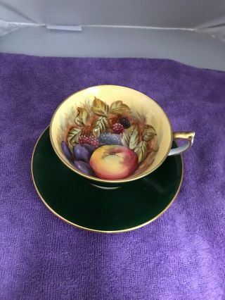 Aynsley Orchard Fruit Green Gold Trim Footed Cup & Saucer