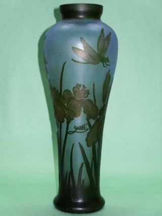 Cameo Glass Art Style Vase With Dragonfly And Flower Signed Galle