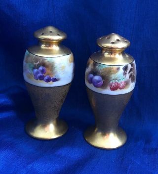 W.  A.  Pickard Hand Painted Artist Signed Gold Encrusted Salt Pepper Shakers Fruits