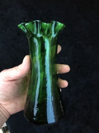 Antique Kralik Loetz Bohemian Art Nouveau Green Iridescent Fluted Top Vase