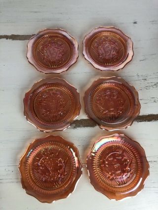 Jeanette Iris & Herringbone Orange Marigold Carnival Glass 6 Saucers Plates