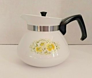 Corningware April Print Tea Pot Yellow Green White Flower 6 Cup P - 104 Metal Lid