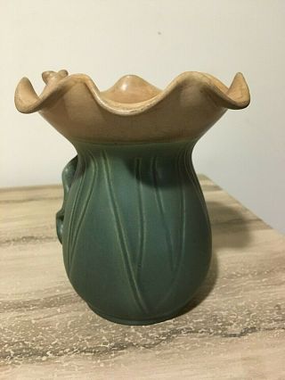 Matte Green & Tan Vase Ruffled Arts & Craft Pottery Style Leaves & Rose 2