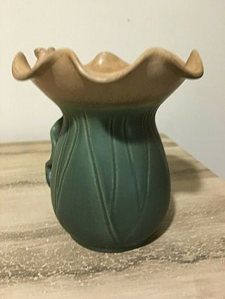 Matte Green & Tan Vase Ruffled Arts & Craft Pottery Style Leaves & Rose 3