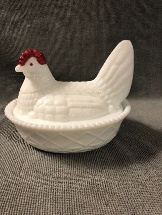 Awesome Vintage Westmoreland White Milk Glass Hen On Nest Red Head Covered Dish