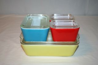 4 Pyrex Primary Color Red,  Blue,  Yellow Refrigerator Dishes 501 501 - B 502 503 - B