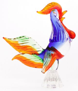 Vintage Murano Blown Glass Rooster Art Sculpture Chicken Italy Italian Red Blue