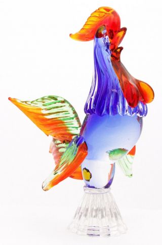 Vintage Murano Blown Glass Rooster Art Sculpture Chicken Italy Italian Red Blue 2
