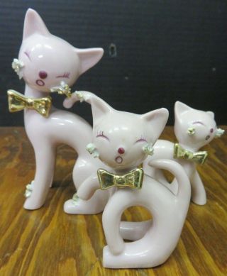 Vintage Set Of (3) Hand Painted Thames Porcelain Pink Cats Spaghetti Trim Excell