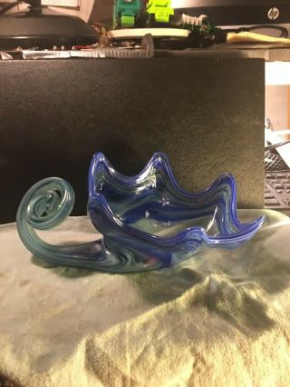 Hand Blown Art Glass Murano? Horn Of Plenty Cornucopia Spiral Handle Blue 11 "