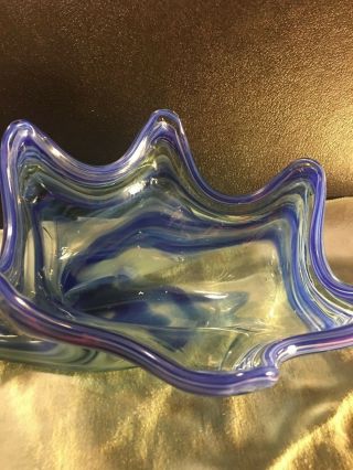Hand Blown Art Glass Murano? Horn of Plenty Cornucopia Spiral Handle Blue 11 