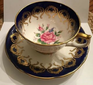Aynsley Tea Cup And Saucer Cobalt Blue W/ Gold Filigree Cabbage Roses 2146