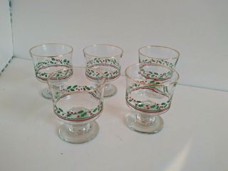 Set Of 5 Footed Glass Cocktail Dessert Goblets Holly Berries Christmas Gold Rim