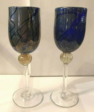 2 Christine Runyon Signed Cobalt Blue Iridescent Studio Art Glass Wine Glasses