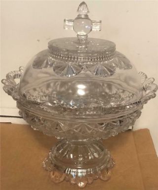Large Antique Clear Glass Daisy & Button Covered Compote Bowl 12 " T By 10 " D