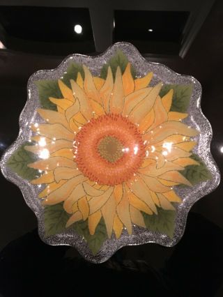 Peggy Karr Fused Glass 14 " Serving Platter Plate Yellow Sunflower Scalloped Edge