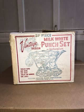 Vintage 27 Piece Anchor Hocking Crystal Punch Bowl Set Box Grape Design