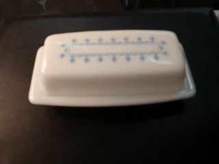Vintage Pyrex Butter Dish With Lid Snowflake Garland Glass Blue White 72 - B 20