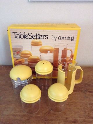 Vintage Yellow Pyrex Corning Tablesetters Salt Pepper Sugar Creamer Shaker
