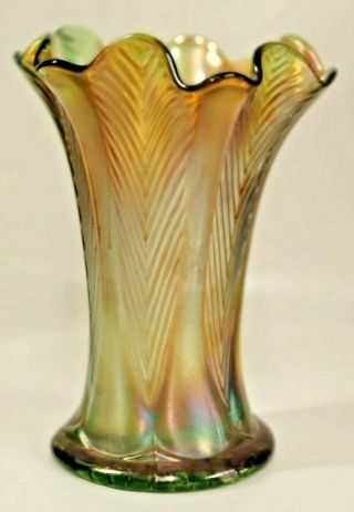 Antique Northwood Lime Green Marigold Overlay Carnival Glass 6.  5 " Fine Rib Vase