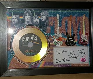 Pink Floyd The Dark 3 Miniature Guitar And Mini Gold Lp Shadow Box Signed Print