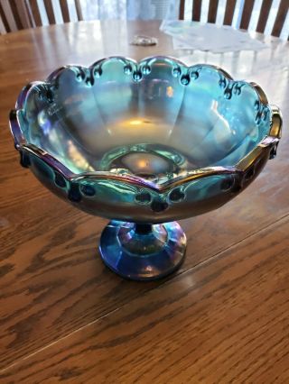 Indiana Carnival Glass Compote Footed Bowl Iridescent Blue Teardrop Garland