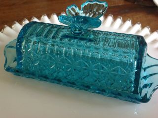 Vintage Circleware Blue Glass Butterfly Butter Dish With Lid Turquoise
