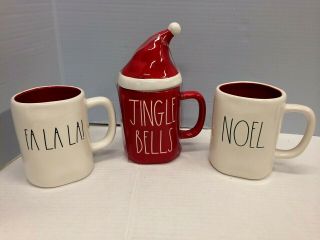 Rae Dunn Christmas Mugs Red Inside Fa La La Jingle Bells Santa Hat Noel