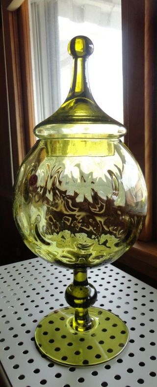 13.  5 " Tall Stem Empoli Olive Green Glass Apothecary Candy Jar W Circus Tent Lid