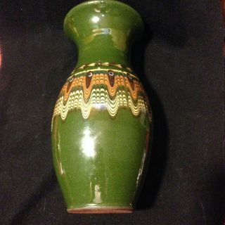 Green Decorative Pottery Vase From Belgium 8 " Tall