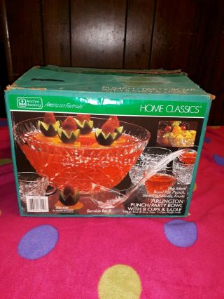 Anchor Hocking Glass Clear Arlington Punch Bowl & Cups 8 Person Set