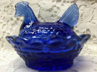 Blue Vaseline Glass Salt Celt Dip Hen Chicken On Nest Basket Dish Cobalt Uranium