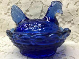 Blue Vaseline glass salt celt dip hen chicken on nest basket dish Cobalt uranium 3