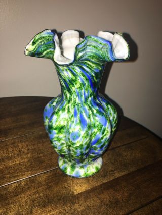 Fenton Vasa Murrhina Blue - Green Flower Vase 8” Ruffled Edge