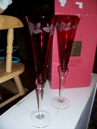 2 Lenox For The Holidays Holiday Gems Toasting Flutes Ruby