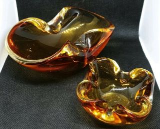 Vintage Murano Amber Candy Dish Bowl With An Art Glass Amber Trinket Dish