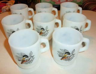 Vintage Anchor Hocking Coffee Mug Cups Chickadee Milk Glass D Handle - Set Of 8