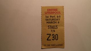 Rolling Stones Ticket Stub.  Liverpool Empire Saturday March 6th 1965.