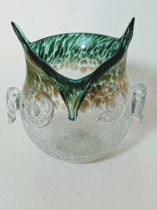 Art Glass Clear Green And Gold Owl Vase Bowl Pitcher