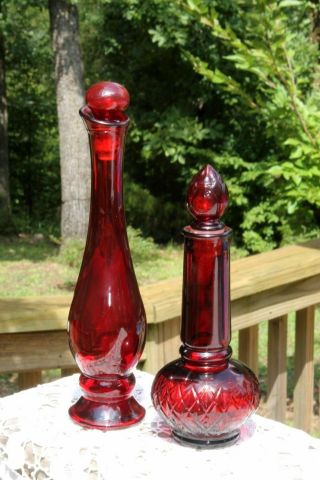 Set Of 2 - Ruby Red Glass Vintage Vases/perfume Bottle Decanters W/ Stoppers