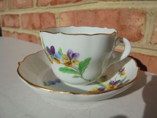 Vintage Meissen Porcelain Demitasse Cup & Saucer Set W Pansies Flowers