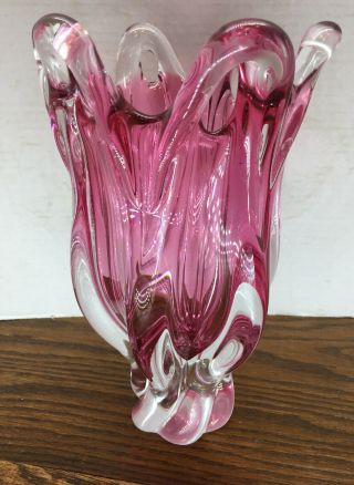 Vintage Murano Art Glass Freeform Vase Pink & Clear Heavy 6 Lb