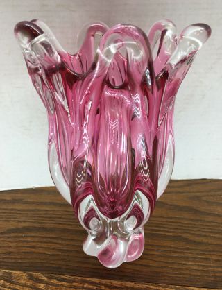 Vintage Murano Art Glass Freeform Vase Pink & Clear Heavy 6 Lb 2