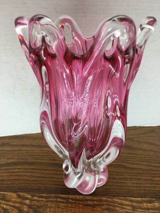 Vintage Murano Art Glass Freeform Vase Pink & Clear Heavy 6 Lb 3