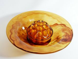 Antique Art Deco Davidson Amber Cloud Glass Flower Float Bowl & Frog Vase Large
