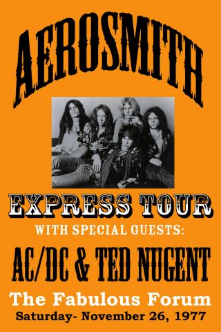 Steve Tyler & Aerosmith W/ Ac/dc & Ted Nugent At Los Angeles Forum Poster 1977