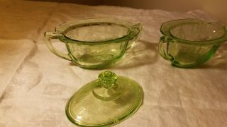 Vintage Princess Depression Glass Green Creamer Oval,  Sugar Bowl And Cover