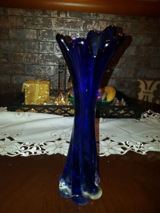 Murano Vase Tulip Blue And Clear Glass Hand Made Foreign